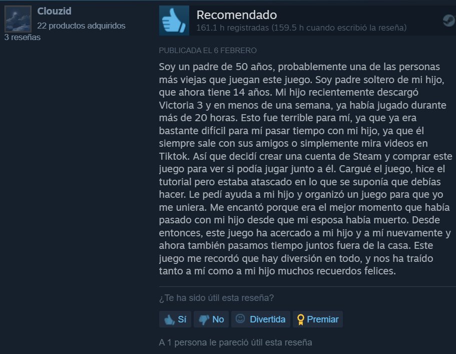 This review is giving me life for a couple of reasons. 1) I understand enough Spanish to read it! 2) It's a review from a 50 year old widower who bought the game so he could spend more time with his son and it's the most time they've bonded  since his wife passed away.😭