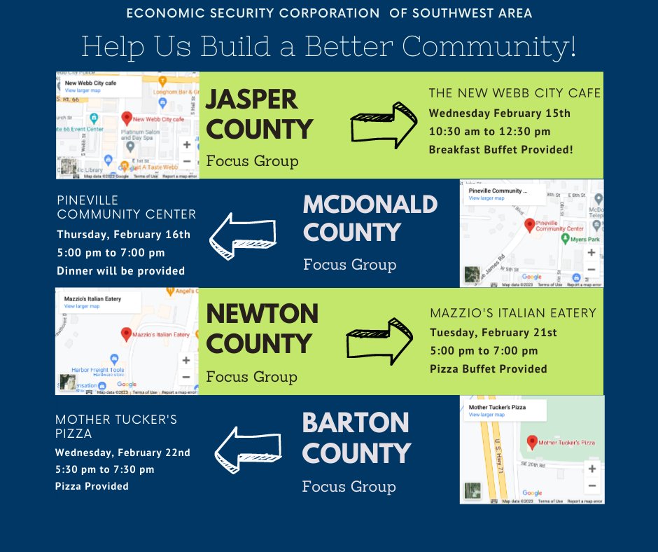We still have a few spots available for community members to join our Focus Groups. Sign-ups are easy! Just email (igreenwood@escswa.org) or call (417-627-2013) to get signed up! #bartoncounty #jaspercounty #newtoncounty #mcdonaldcounty #helpishere #surveysays #communityaction