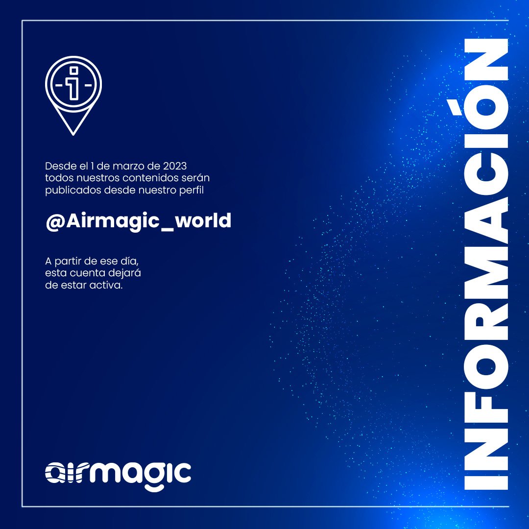 📣 ¡𝙉𝙐𝙀𝙑𝙊 𝘼𝙑𝙄𝙎𝙊! 📣
Desde el 1 de marzo de 2023 todos nuestros contenidos serán publicados desde nuestro perfil 
<a href="/Airmagic_world/">Airmagic</a>
 
A partir de ese día, esta cuenta dejará de estar activa.
Sigue nuestra cuenta global para continuar informado 👇👇
<a href="/Airmagic_world/">Airmagic</a>