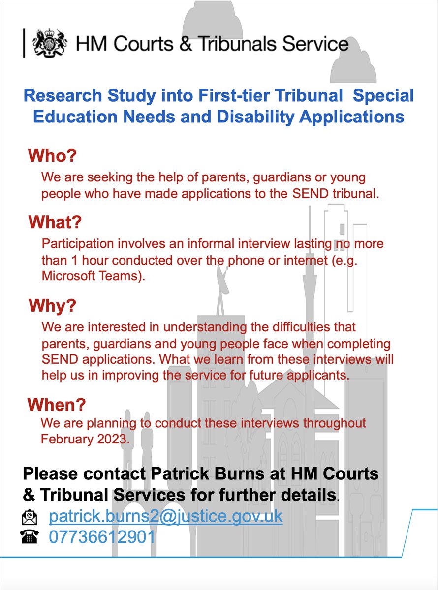 sos_sen's tweet photo. Are you a parent, guardian or young person who has made an application to the #FirstTier #SEND #Tribunal?
Did you have any #difficulties completing the #application?
Would you be willing to participate in an informal interview? #Research
Contact
Patrick.Burns2@justice.gov.uk https://t.co/nWoO9yqYhO