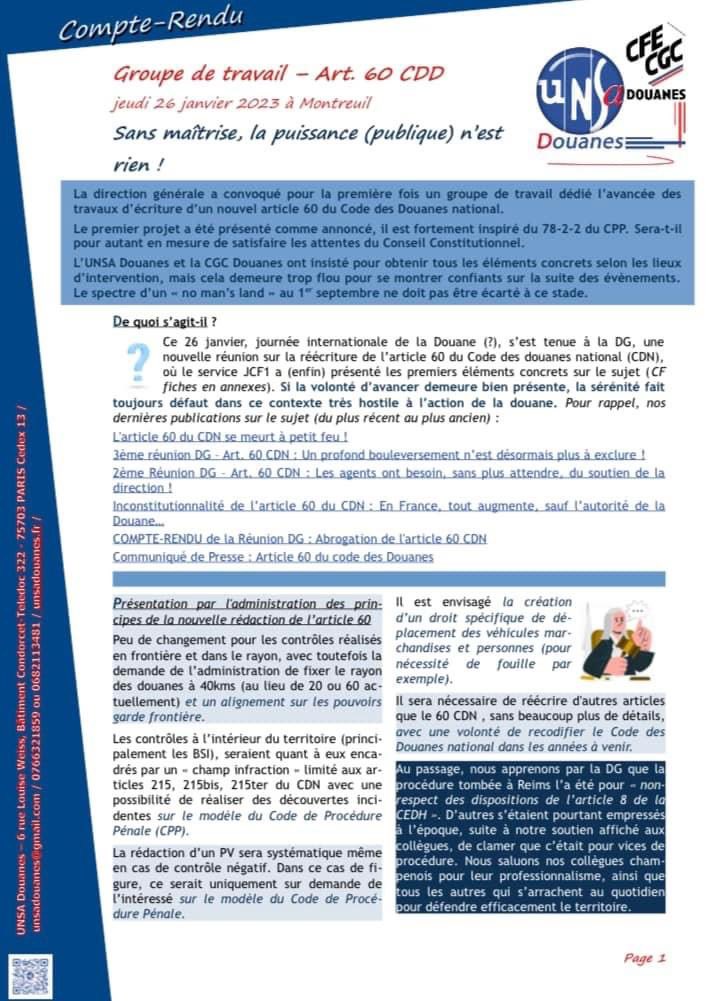 UNSADouanes's tweet photo. Compte rendu de la réunion article 60 : sans maîtrise, la puissance (publique) n’est rien !
#unsadouane #Article60 

https://t.co/AQIKaEfMwF https://t.co/RJaHwzRFAl