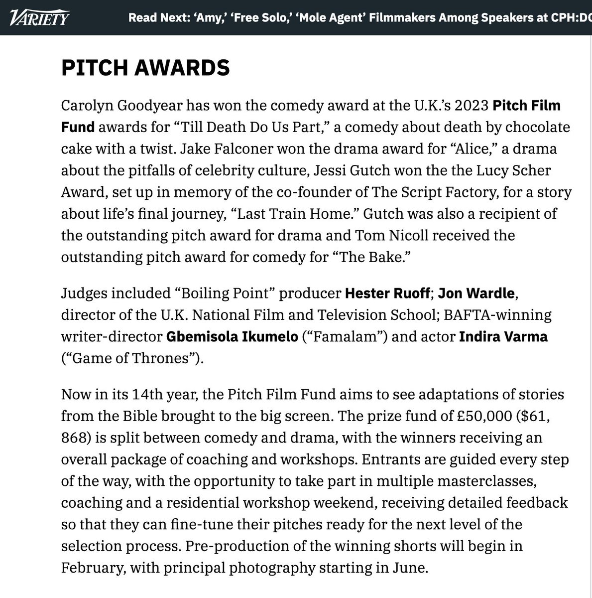 We are delighted that this year's Pitch awards were mentioned in Variety - a great opportunity to shout about the support and funding that we offer to emerging filmmakers 🎬 👀

<a href="/Variety/">Variety</a>