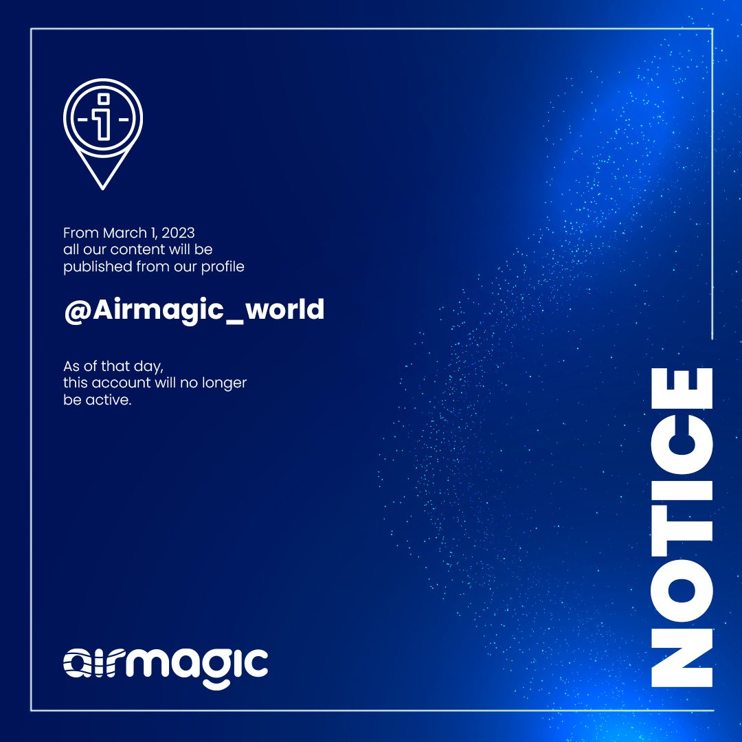 📣 𝙉𝙀𝙒 𝙉𝙊𝙏𝙄𝙁𝙄𝘾𝘼𝙏𝙄𝙊𝙉! 📣
From March 1, 2023 all our content will be published from our profile 
<a href="/Airmagic_world/">Airmagic</a>

As of that day, this account will no longer be active.
Follow our global account to stay informed 👇👇
<a href="/airmagic_world/">Airmagic</a>