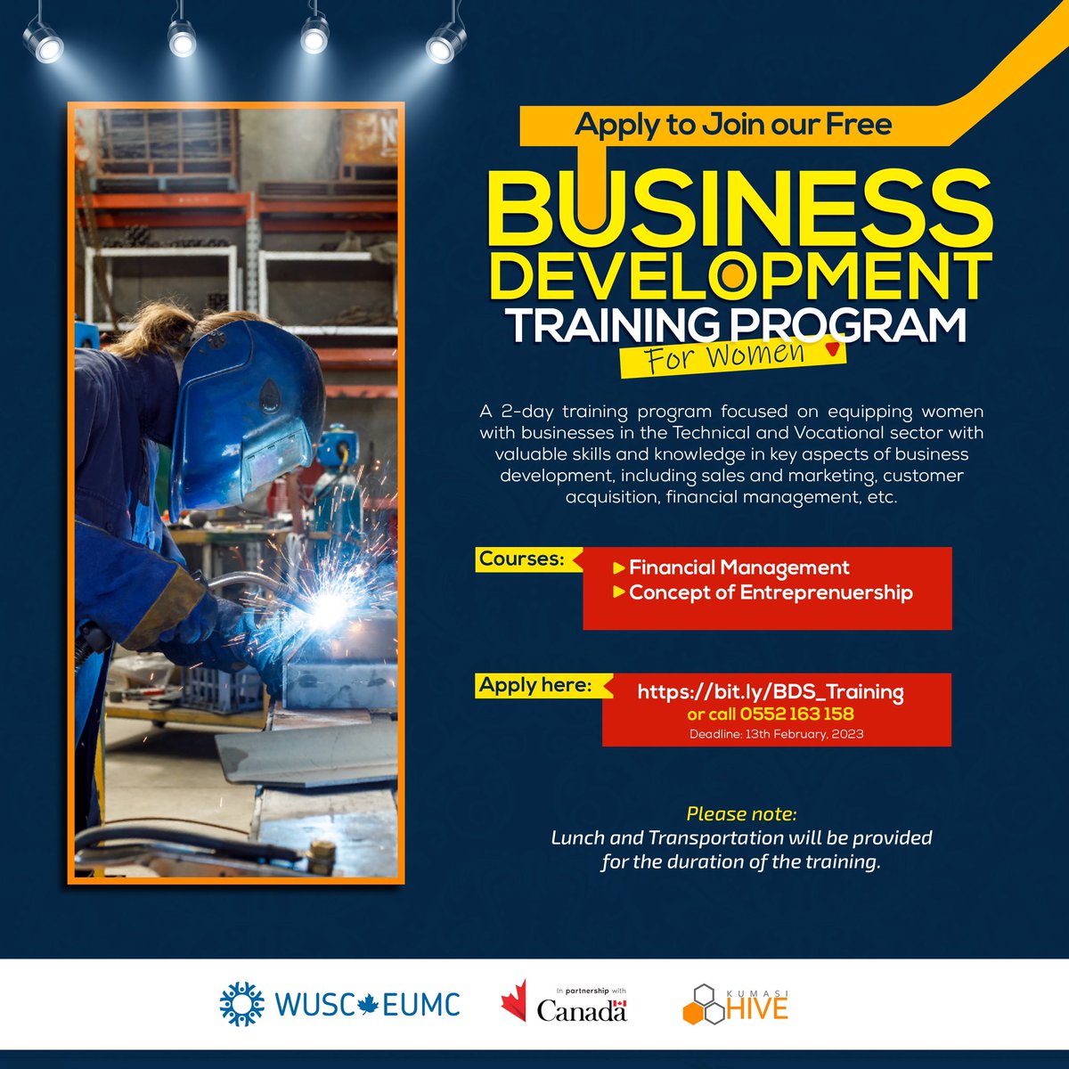 KumasiHive's tweet photo. Join our 2-day training program which is focused on equipping women with businesses with valuable skills and knowledge.
Apply here: https://t.co/xA9e5M6i00
Deadline: 13th February 2023
#TVET #BDStraining #Technical #Vocational #TechnicalTraining #Training #BDS #Business #Skills https://t.co/5xqLZObnn0