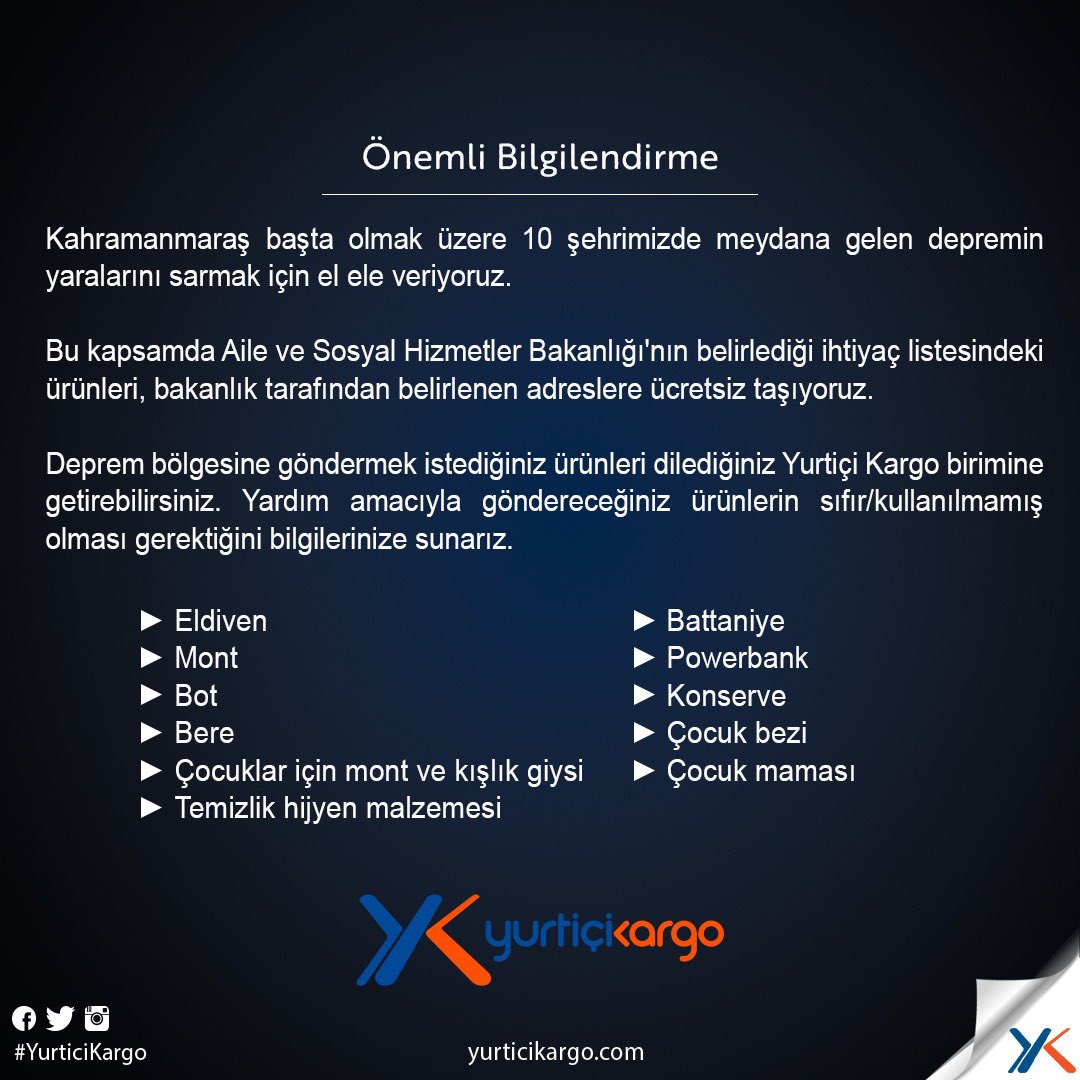 Depremden etkilenen vatandaşlarımızın yaralarını hep birlikte sarmak için el ele veriyoruz.

Listede yer alan bireysel yardımlarınızı şubelerimize getirebilir, ücretsiz bir şekilde deprem bölgelerine gönderebilirsiniz.

#GeçmişOlsunTürkiye #Deprem
