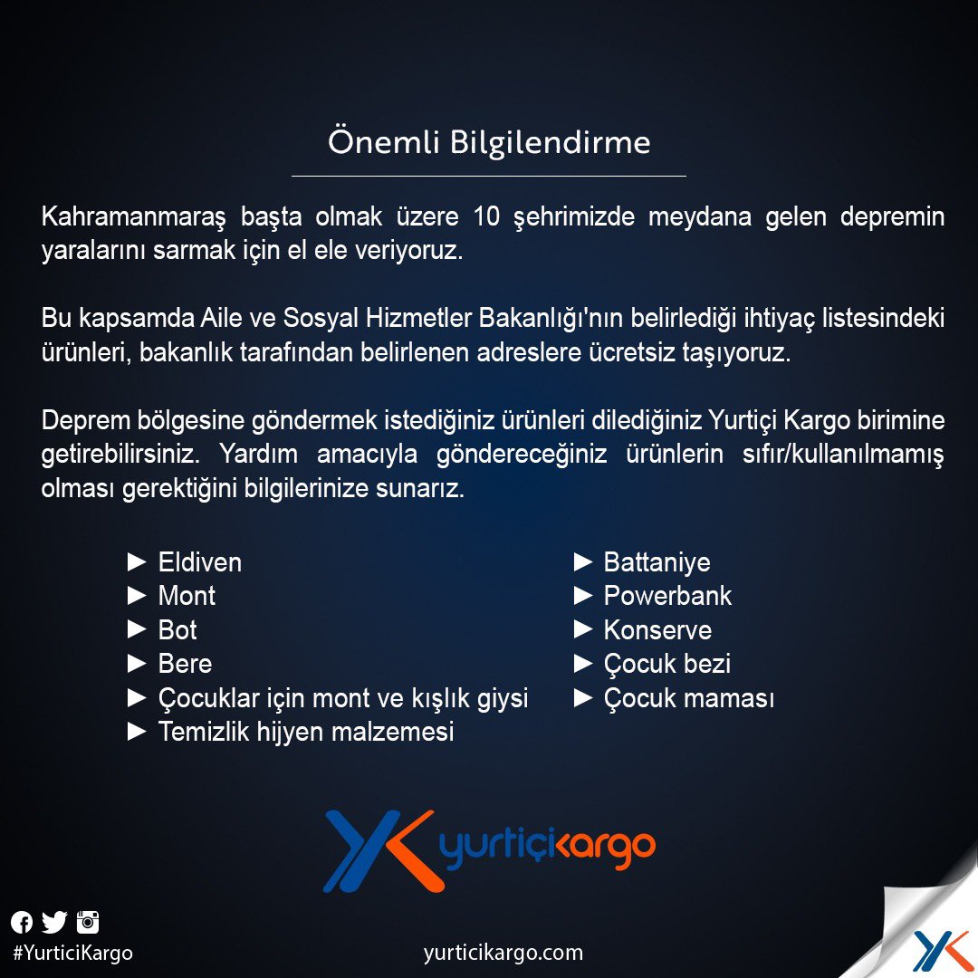 Depremden etkilenen vatandaşlarımızın yaralarını hep birlikte sarmak için el ele veriyoruz. Listede yer alan bireysel yardımlarınızı şubelerimize getirebilir, ücretsiz bir şekilde deprem bölgelerine gönderebilirsiniz. #GeçmişOlsunTürkiye #Deprem