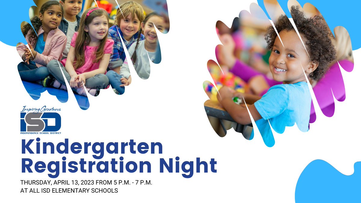 If you have a child entering kindergarten during the 2023-2024 school year, please plan to attend Kindergarten Registration Night on April 13 between 5 p.m. and 7 p.m. at your neighborhood elementary school. Children must be 5 by July 31, 2023. #isdstrong ow.ly/k4pZ50MKHcZ