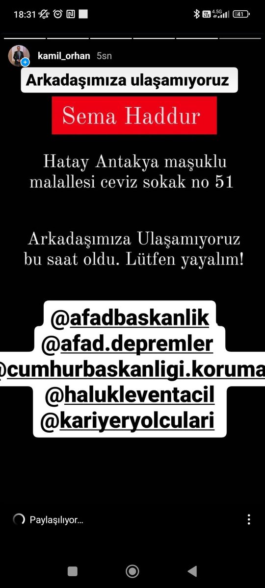 kamilorhan's tweet photo. Sema Haddur arkdaşımıza ulaşamıyoruz
Hatay Antakya Maşuklu Mahallesi Ceviz sokak No 51

@AFADBaskanlik @DepremDairesi @haluklent @AFADHatay @tcbestepe https://t.co/jNPcr3IgTr