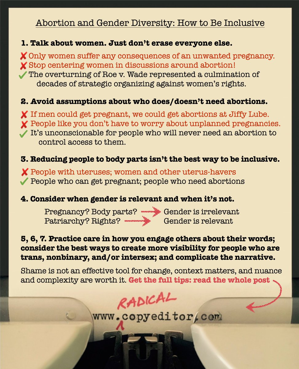 New blog post! As we deal with the wreckage of #RoeVWade and escalating anti-trans legislation, it's vital to talk/write about #abortion and #ReproductiveJustice in ways that are inclusive of #trans, #nonbinary, and #intersex folks. Get the full practices: radicalcopyeditor.com/2023/02/06/abo…