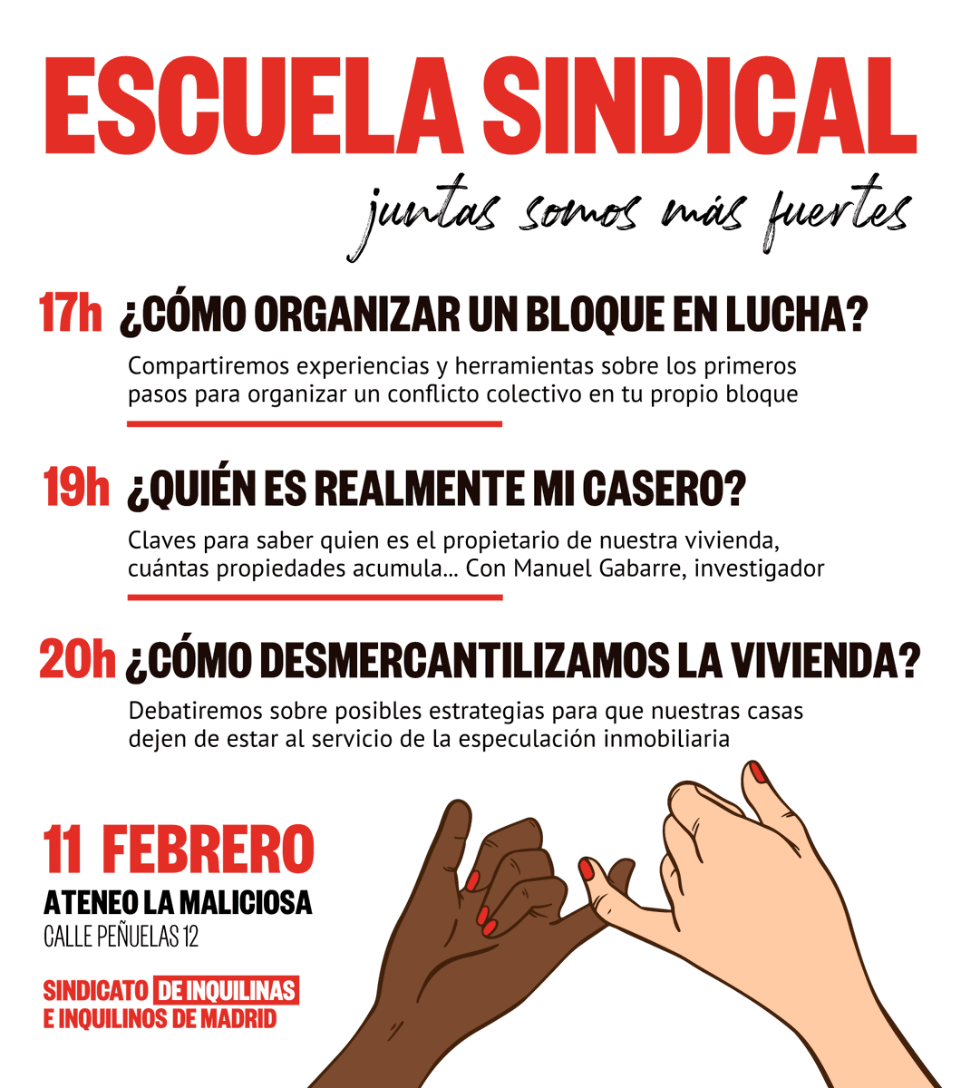 Este sábado en @AteneoMaliciosa ESCUELA SINDICAL. Tarde de charla y debate sobre cómo protegerte de tu casero. 🥊¿Cómo organizar un bloque en lucha? 💡¿Quién es realmente mi casero? 🔥¿Cómo desmercantilizamos la vivienda? Con la presencia del investigador @ManuelGabarre3