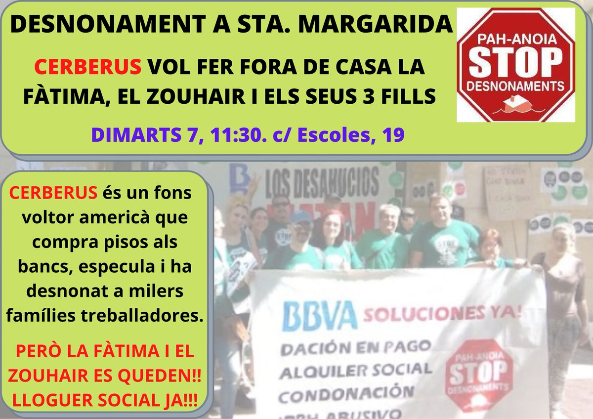 🚨URGENT: DESNONAMENT A MONTBUI🚨 Dimarts 7 a les 11:30 (c/ Escoles) hi serem per aturar-lo! Malgrat els intents d'obtenir lloguer social, el desnonament de la Fàtima, Zouhair i els seus 3 fills tira endavant. Patrocinat per Cerberus, a través de la seva societat Coliseum (1/4)