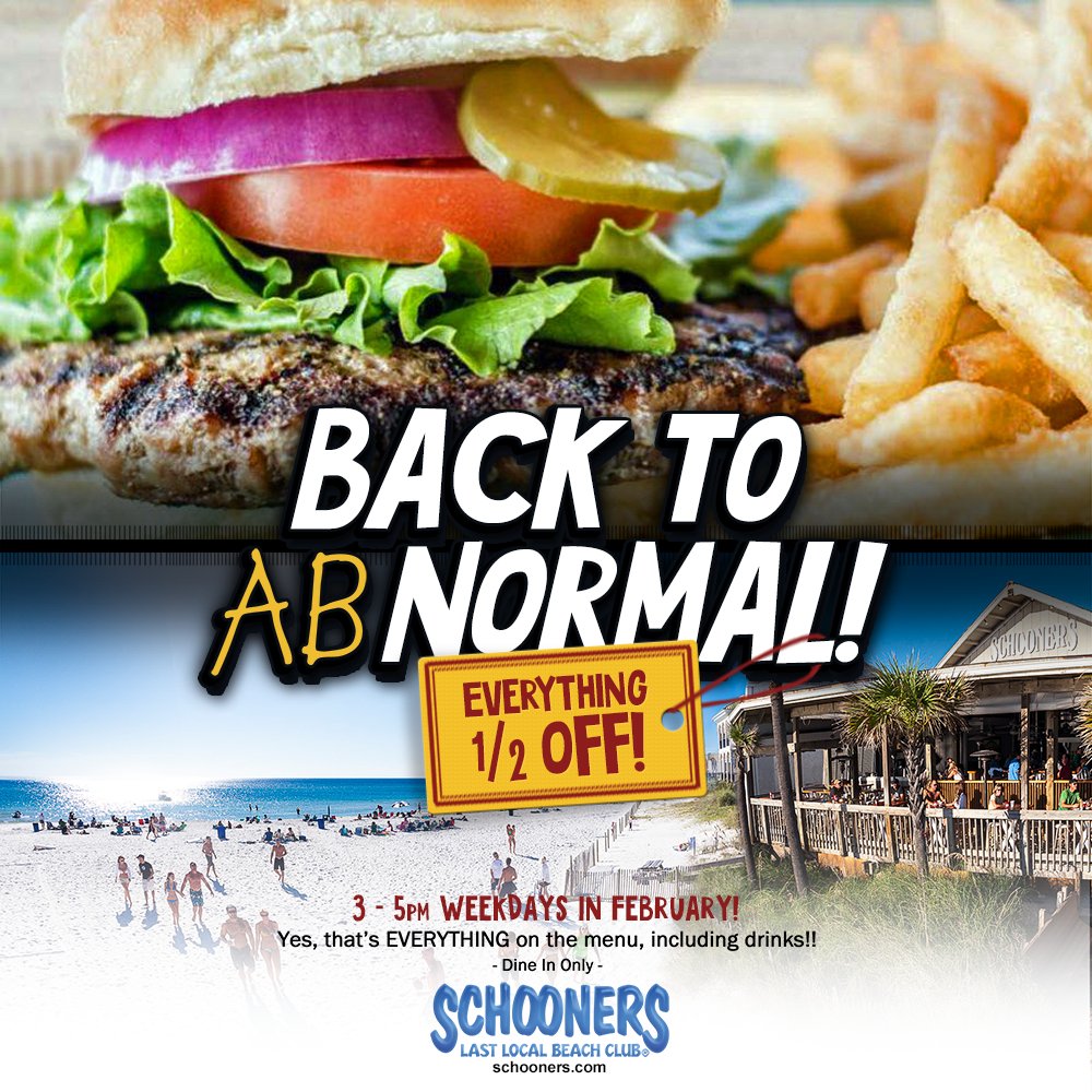 schoonerspcb's tweet photo. We’re still Back to AbNormal, and we still have 1/2 price EVERYTHING from 3-5pm! Weekdays only now thru February 28th. Stop in for a big, fat Schooners burger and a tasty cocktail! #BackToAbNormal https://t.co/uSbq0Wwuqc
