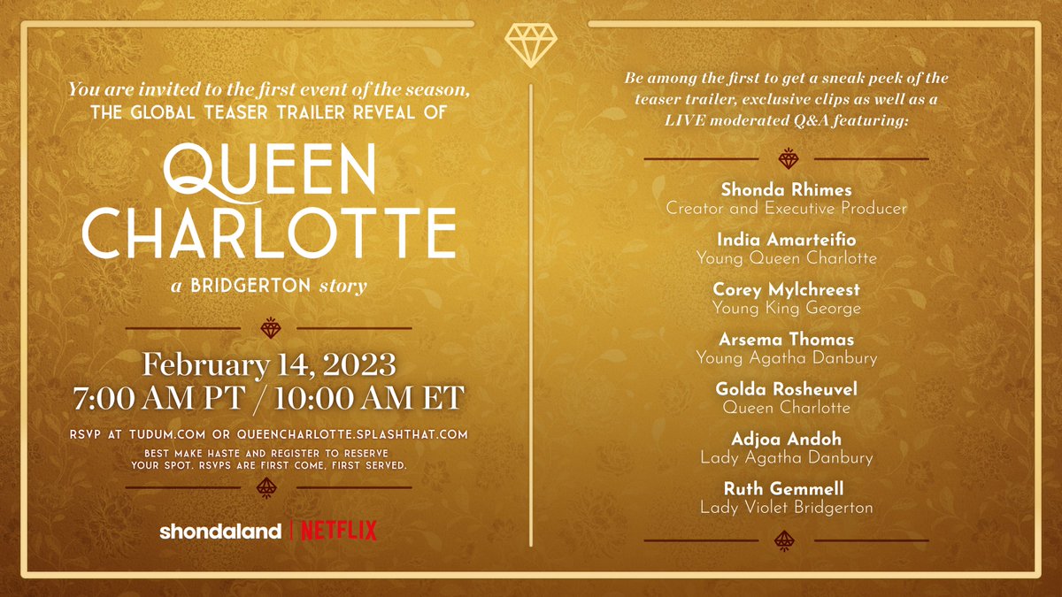 You all are cordially invited to an occasion of the highest honor. Join us for the Queen Charlotte: A Bridgerton Story virtual event on February 14. Save the date and RSVP at: netflix.com/tudum/articles…