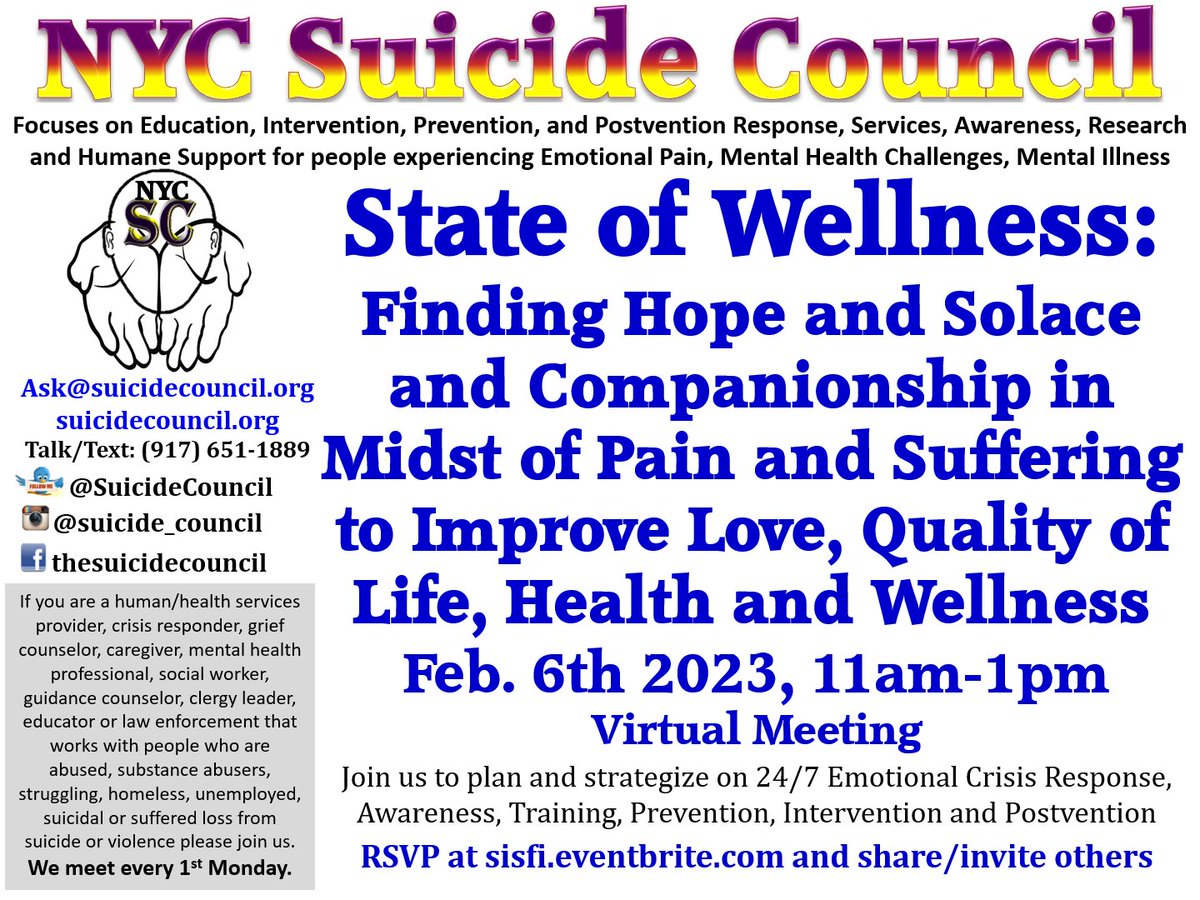 Join us, 11am at today's #NYCSuicideCouncil virtual monthly meeting on "State of Wellness:
Finding Hope/Solace and Companionship in Midst of Pain and Suffering to Improve Love, Quality of Life, Health/Wellness" hosted by Mr. <a href="/BrettAScudder/">Brett A. Scudder-President, Chairman, CEO</a> <a href="/SISFI/">Scudder Intervention Services Foundation Inc SISFI</a>. Pls RT/Share #TheSuicideNetwork