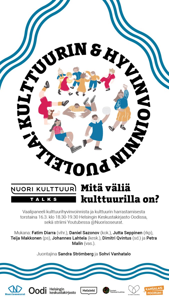 Lämpimästi tervetuloa Nuori Kulttuuri Talks: Mitä väliä kulttuurilla on? – eduskuntavaalipaneeliin torstaina 16.3. klo 18.30 – 19.30 keskustakirjasto Oodin Maijansaliin Helsinkiin! Mukana mm. @fatimdiarra <a href="/dansazo/">Daniel Sazonov</a> <a href="/DimitriQvintus/">Dimitri Qvintus</a>