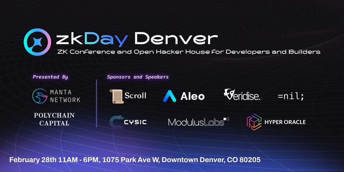 Veridise (@veridiseinc) on Twitter photo Please join us at zkDay on Feb 28th in Denver! It will be a fun day full of ZK-related talks, discussions, and activities :) We look forward to seeing you there! <a href="/polychaincap/">Polychain Capital</a> <a href="/MantaNetwork/">Manta Network (🔱,🔱)</a> <a href="/Scroll_ZKP/">Scroll</a> <a href="/AleoHQ/">Aleo</a> <a href="/cysic_xyz/">Cysic</a> <a href="/VeridiseInc/">Veridise</a> <a href="/nil_foundation/">=nil; Foundation</a> <a href="/ModulusLabs/">Accountable Magic</a> <a href="/HyperOracle/">HyperOracle</a> Please join us at zkDay on Feb 28th in Denver! It will be a fun day full of ZK-related talks, discussions, and activities :) We look forward to seeing you there! <a href="/polychaincap/">Polychain Capital</a> <a href="/MantaNetwork/">Manta Network (🔱,🔱)</a> <a href="/Scroll_ZKP/">Scroll</a> <a href="/AleoHQ/">Aleo</a> <a href="/cysic_xyz/">Cysic</a> <a href="/VeridiseInc/">Veridise</a> <a href="/nil_foundation/">=nil; Foundation</a> <a href="/ModulusLabs/">Accountable Magic</a> <a href="/HyperOracle/">HyperOracle</a>
