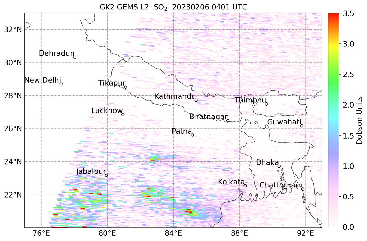 NaegerAaron's tweet image. Impressive #SulfurDioxide (#SO2) plumes observed by both #Sentinel5P #TROPOMI and #gk2GEMS (#Geostationary Environment Monitoring Spectrometer) over East #India today (2/6) in an area of active coal fired #powerplant and #coalmine operations.