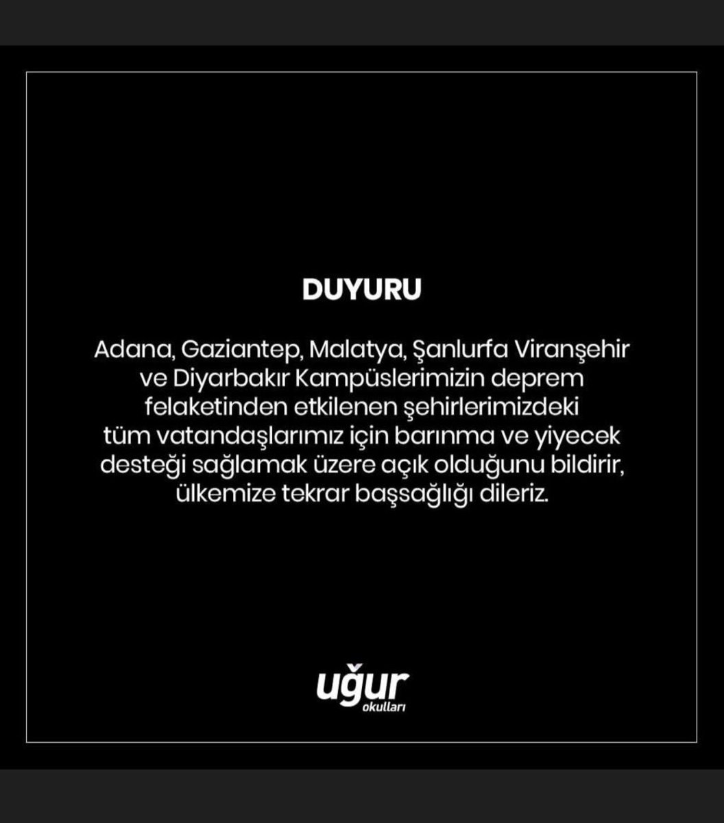 Depremden zarar gören bütün valiliklere,bölgedeki kurumlarımız <a href="/bahcesehir_k12/">Bahçeşehir Koleji</a> ve <a href="/UgurOkullari/">Uğur Okulları</a>  açıktır.Genel ihtiyaçlar sağlanacaktır <a href="/HatayValiligi/">T.C. Hatay Valiliği</a> <a href="/tcmeb/">Millî Eğitim Bakanlığı</a> <a href="/TCAdanaValiligi/">T.C. Adana Valiliği</a>  <a href="/MersinValiligi/">Mersin Valiliği</a> <a href="/TCMalatyaV/">TC Malatya Valiliği</a> <a href="/dbakirvalilik/">T.C. Diyarbakır Valiliği</a> <a href="/EnverYucel/">EnverYucel</a> <a href="/HuseyinYucell/">Hüseyin Yücel</a> @<a href="/MUSTAFACAKIR28/">MUSTAFA ÇAKIR</a> <a href="/AdilAkurt/">Adil Kurt</a>