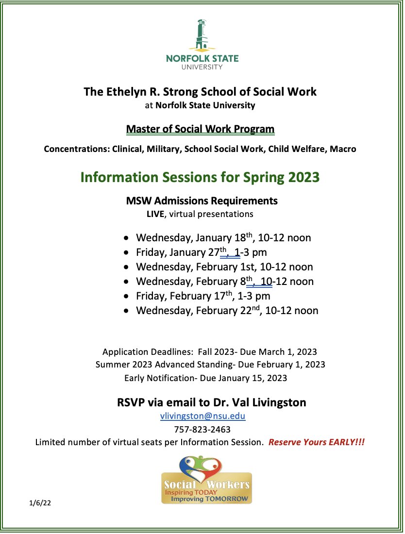 NSUSocialWrk's tweet photo. Join us for our next virtual Master of Social Work Program Information Session on Wednesday, February 8th, from 10am-12pm. Please RSVP to Dr. Livingston at vlivingston@nsu.edu. We look forward to meeting you! https://t.co/gazAYq1tSy