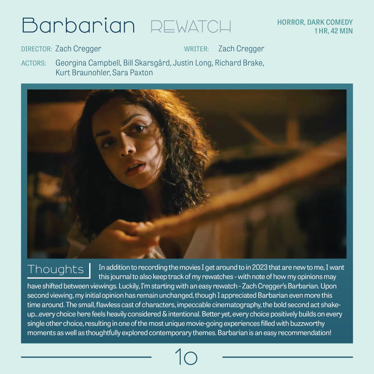 #2023MovieJournal
#13 of 2023 - #Barbarian
Written and Directed by: #ZachCregger
Starring: #GeorginaCampbell, #BillSkarsgård, #JustinLong, #KurtBraunholer, #SaraPaxton
Streaming on: #HBOMax 

For more thoughts, check out this recent @expgrindpodcast ep:
experiencegrind.com/barbarian-ft-r…