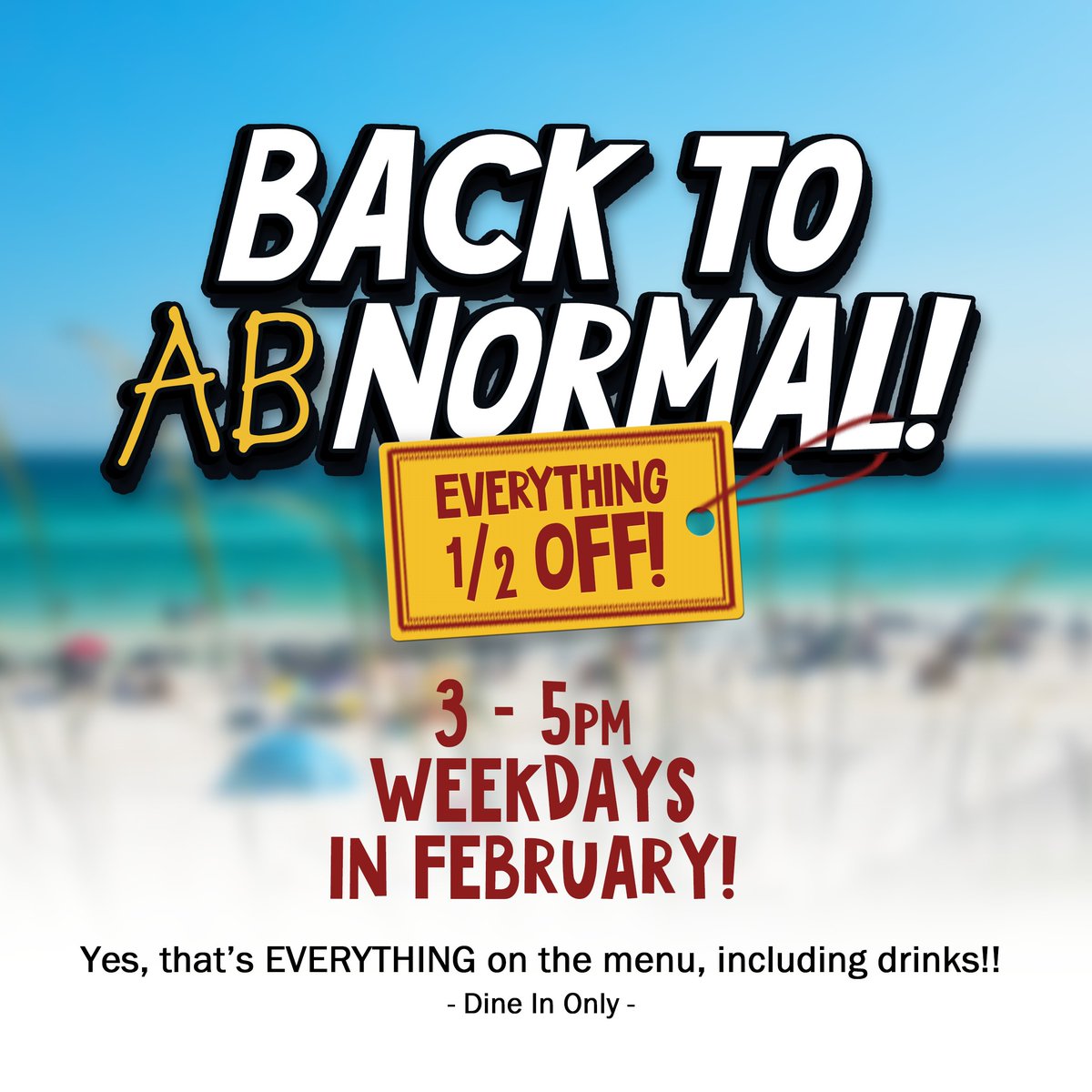 schoonerspcb's tweet photo. Hungry? Everything on our menu is 1/2 off today and every weekday from 3pm-5pm, now through the last day of February! #BackToAbNormal https://t.co/Ggrl71Nw1q