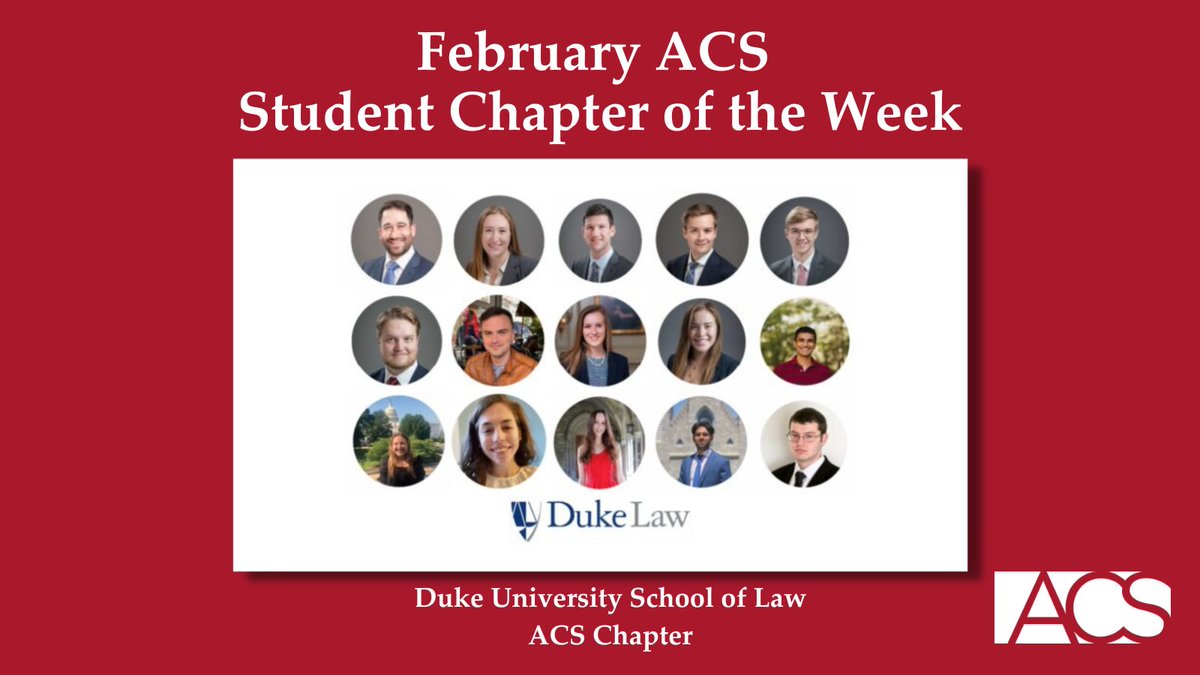 ACSstudents's tweet photo. The Duke University School of Law ACS Chapter is honored to be recognized as Student Chapter of the Week!
Check out this week's ACS #StudentChapterOfTheWeek feature on our website.
Learn more about our Student Chapters: https://t.co/bplzEzODaa https://t.co/ovWG0nNDpR