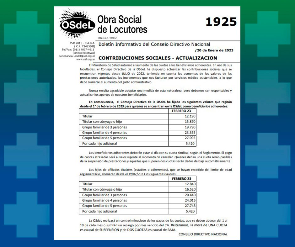 SALCoLocutores's tweet photo. El Consejo Directivo de la OSdeL ha fijado los siguientes valores a partir del 1° de febrero de 2023 para quienes se encuentren en la OSdeL como beneficiarios adherentes.
Descargá el PDF con toda la información ⬇️https://t.co/5INkTuWojv
.
#salcosindicato #osdel #osdelsalud https://t.co/7cy2eSHpz4