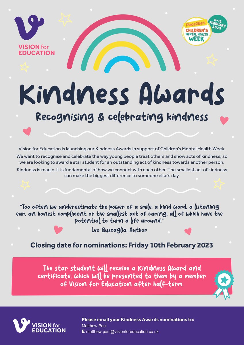 MattPaulVision's tweet photo. @VisionForEd are recognising and celebrating pupils kindness to others in support of Children's Mental Health Week. If your school would like to nominate a student, feel free to get in touch! @Place2Be #ChildrensMentalHealthAwarenessWeek #edutwitter https://t.co/t3KIhNbE9J