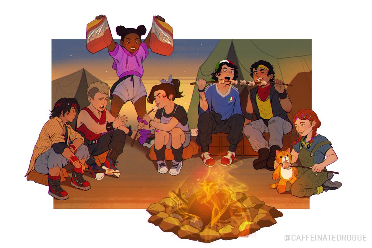 Vesn4_'s tweet photo. @CaffeineRogue Took our #NomadV(s) into back-in-time adventure where they spent some awesome time together eating marshmallows and being adorable cute kids, unaware of the nightmares #Cyberpunk2077 will bring on them 🥰🥳 Thank you Caffie so much again 😍 https://t.co/M6uOa1BKg0