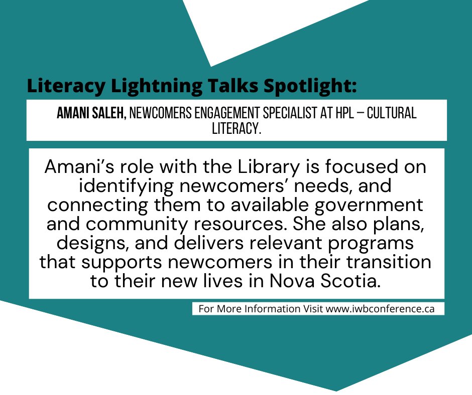 iwbconference's tweet photo. Literacy Lightning Talks Spotlight: Amani Saleh, Newcomers Engagement Specialist at HPL – Cultural Literacy. Registration closes soon, last chance for tickets today! #conference #Halifax #informationmanagement #informationwithoutborders #iwb #culturalliteracy https://t.co/6RzFPJRP3t