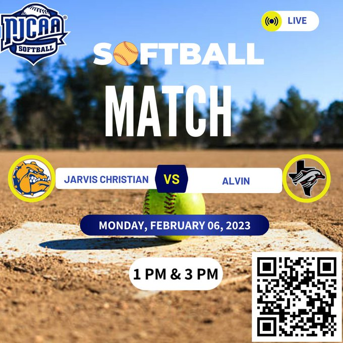 Jarvis Christian College 🆚 Alvin | NJCAA SOFTBALL
⏰ 1 PM &amp; 3 PM
📆 Monday, February 06, 2023
Live Game: bit.ly/40uGoYh
<a href="/AlvinCollege/">Alvin College</a>
<a href="/Fins_Softball/">Alvin College Softball</a>
<a href="/Celeste_1624/">Celesteee</a>
<a href="/CoachLisaRios/">Coach Rios</a>
<a href="/Alexisobregon25/">Alexis</a>
<a href="/maggieblythe1/">Maggie Blythe</a>
<a href="/vinton_haley/">haley vinton</a>
<a href="/jcubulldogs/">Jarvis Christian Bulldogs</a>
<a href="/99Rrodriguez/">Rebecca</a>
<a href="/allihill_21/">Alli Hill</a>