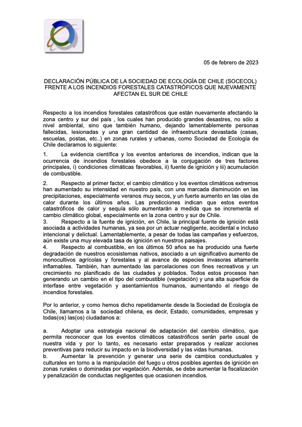 socecol's tweet photo. Declaración pública de la Sociedad de Ecología de Chile respecto a los incendios forestales que afectan al centro-sur de Chile.
Por favor, difundir! https://t.co/X3k9Frhpti