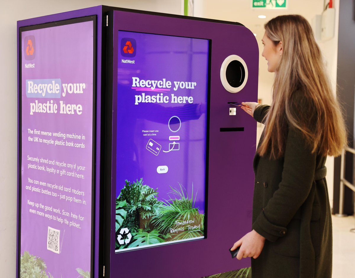 NatWestGroup's tweet photo. Did you know that up to 65 million unused plastic cards are gathering dust in UK homes? 🏡

To help make it easier for people to recycle plastic cards, @NatWest_Help has launched Reverse Vending Machines, offering a secure, eco-friendly way to recycle unused plastic cards. ♻️ https://t.co/JxICIxtjNF
