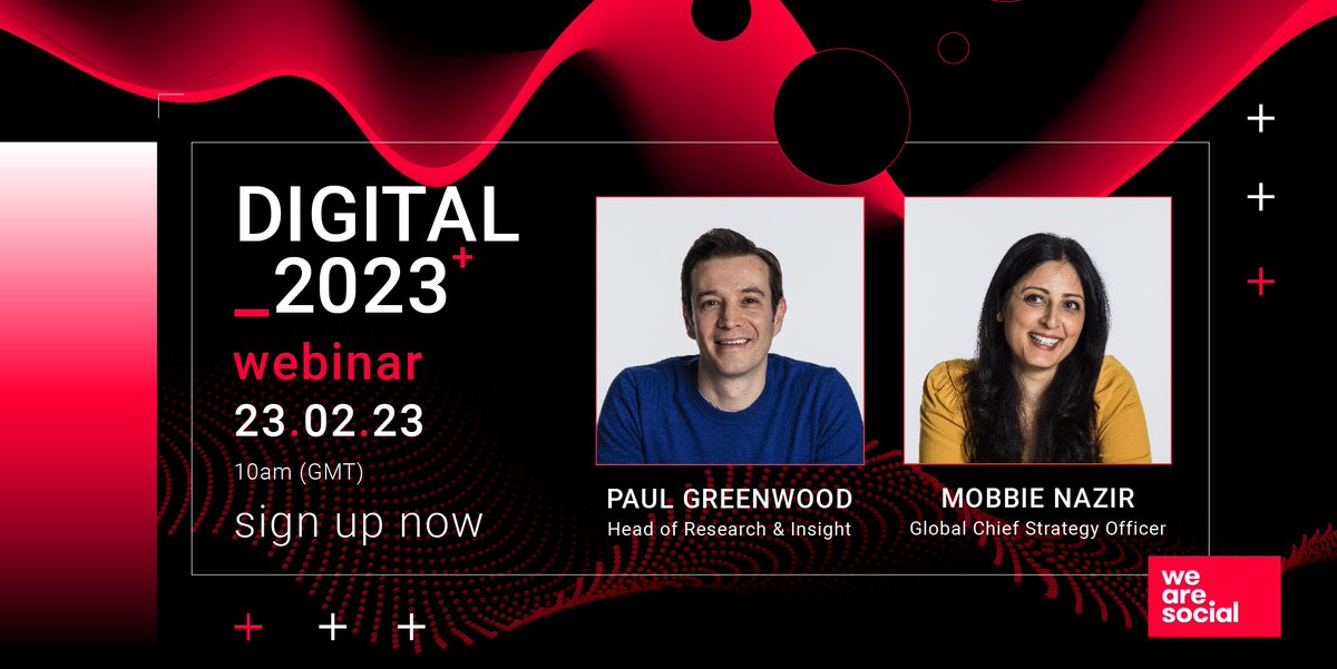 🗣️ Join us on February 23rd for our #Digital2023 webinar – an in-depth analysis of how digital behaviours have changed in the past 12 months and advice on how brands can navigate the ever-shifting digital landscape in 2023.

Sign up here: wearesocial.zoom.us/webinar/regist…