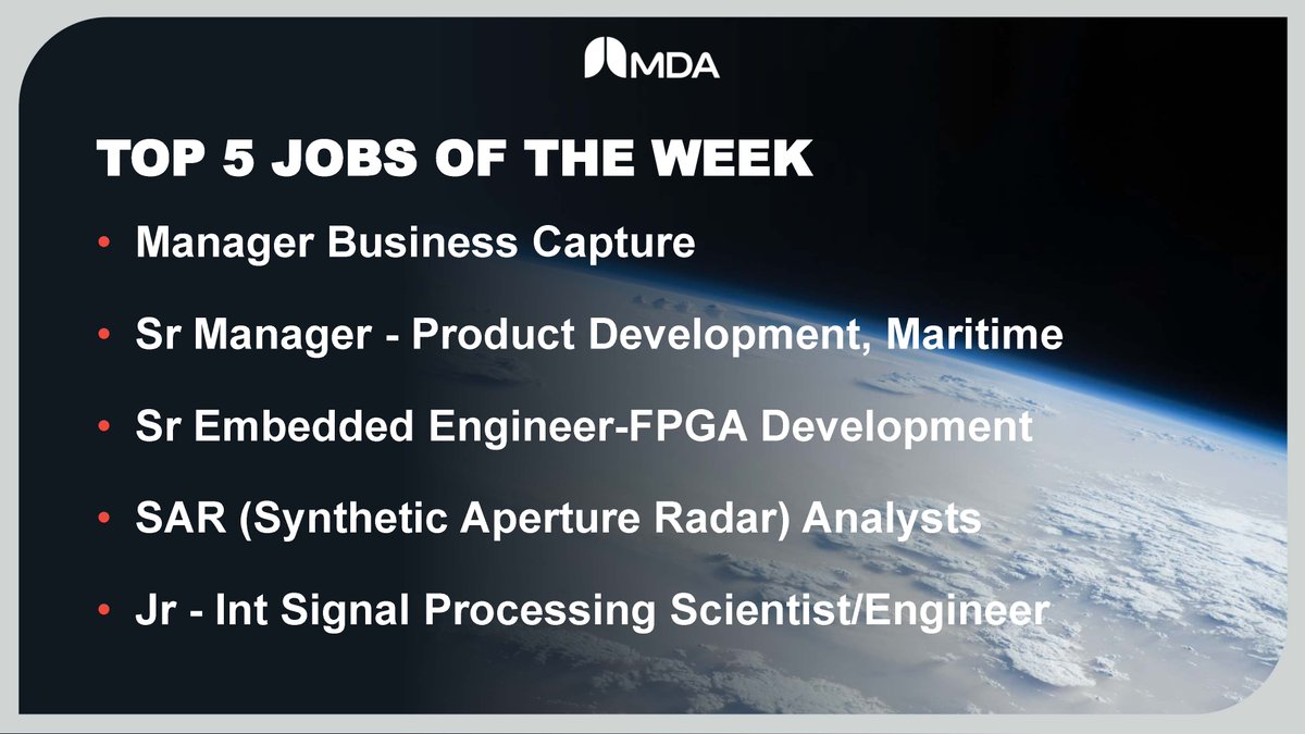 MDA_space's tweet image. Need a jolt of energy to warm up this cold Monday morning, check out  these exciting and available space jobs. Don’t see an exact fit? Dig a bit a deeper: mda.space/en/careers/ #MondayMotivation
#SatelliteSystem #Engineering #aerospace #jobs #hiring #hiringnow #satellite