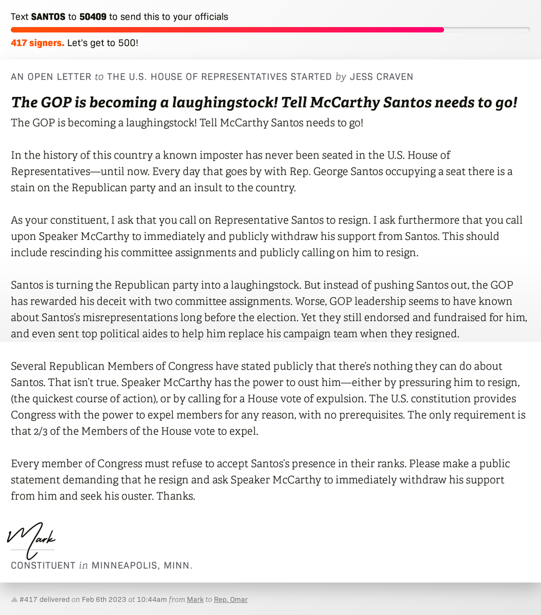 openletterbot's tweet photo. 🖋 Sign The GOP is becoming a laughingstock! Tell McCarthy Santos needs to go! and I'll deliver a copy to your officials: https://t.co/eSLWBBEn38  📨 No. 417 is from Mark to @IlhanMN #MN5 #MNpolitics https://t.co/zRwaSJpRPv