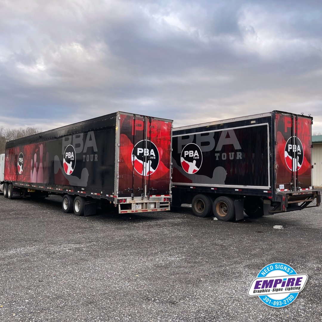 EmpireGraphics's tweet photo. Not one, but πππ trailer wraps completed for Professional Bowlers Association (PBA)!
#signempire #empiregraphics #teamempire #wraps #commercialwraps #trailerwrap #pba #pbatour #professionalbowlersassociation #design #install #graphics #dmvwraps #branding #tractortrailor https://t.co/VMJasSEVeZ