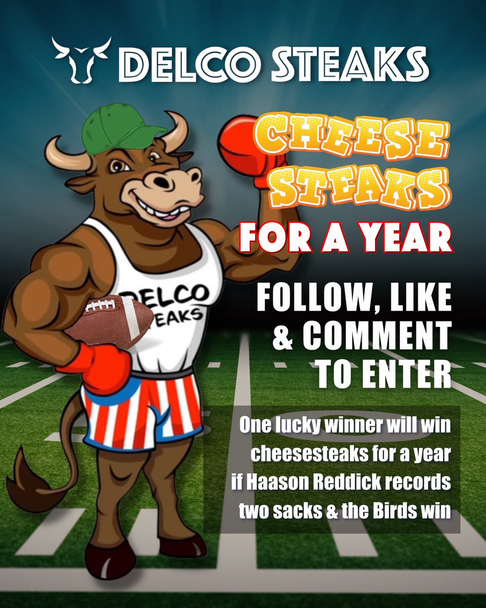 delco_steaks's tweet photo. The King of Delco Sacks @Haason7Reddick is 2 sacks away from the Eagles single season record.

If he breaks the record AND the Birds win the game, someone is getting cheesesteaks FOR AN ENTIRE YEAR!!!

Follow us, retweet, and tag a friend in the comments to enter

#DelcoSacks https://t.co/1GE6mri9Kn