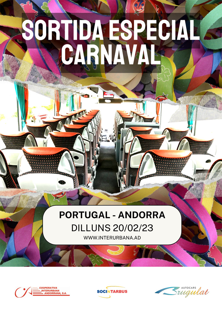 Servei de bus especial per Carnaval! Sortida de Portugal amb destinació a Andorra el dilluns 20 de febrer. Podeu comprar el vostre bitllet a interurbana.ad. Més informació al 806555. 🚌🥳👯‍♂️