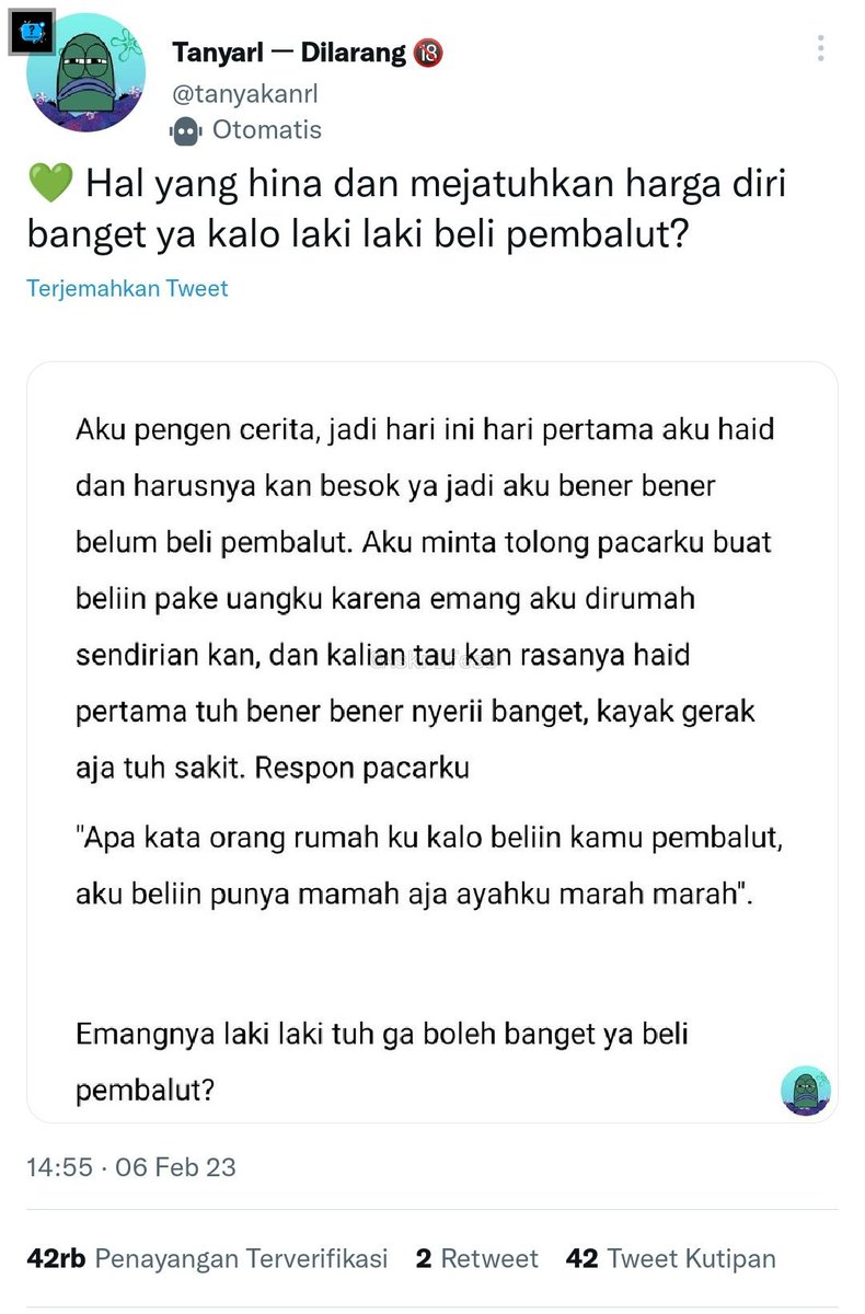 Askrlfess's tweet photo. [askrl] bisa gitu ya baru pacaran udah nyuruh bel1 pembalut? kek, ini itu hal yg pribadi gitu loh.. kecuali kalo udah jadi suami ya ga masalah https://t.co/h4wUHivkxz