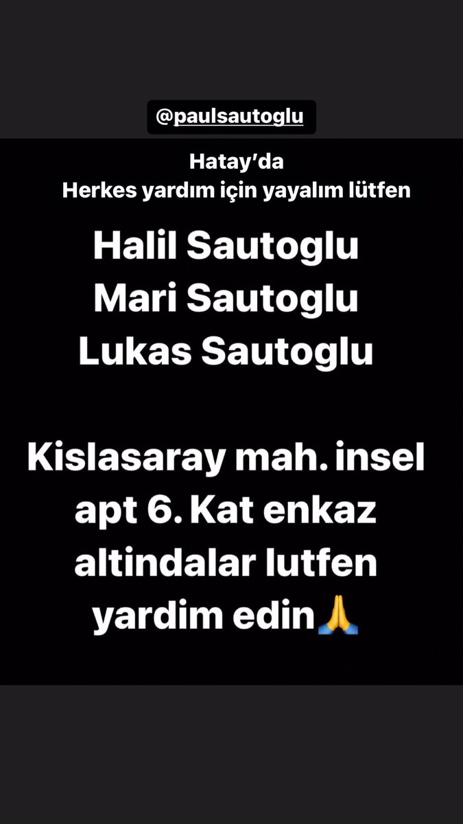 Duyuralım lütfen <a href="/ahbap/">Ahbap</a> <a href="/haluklevent/">Haluk Levent ( Ahbap Ekibi )</a> Hatay’da çok yakın arkadaşlarımın aileleri.