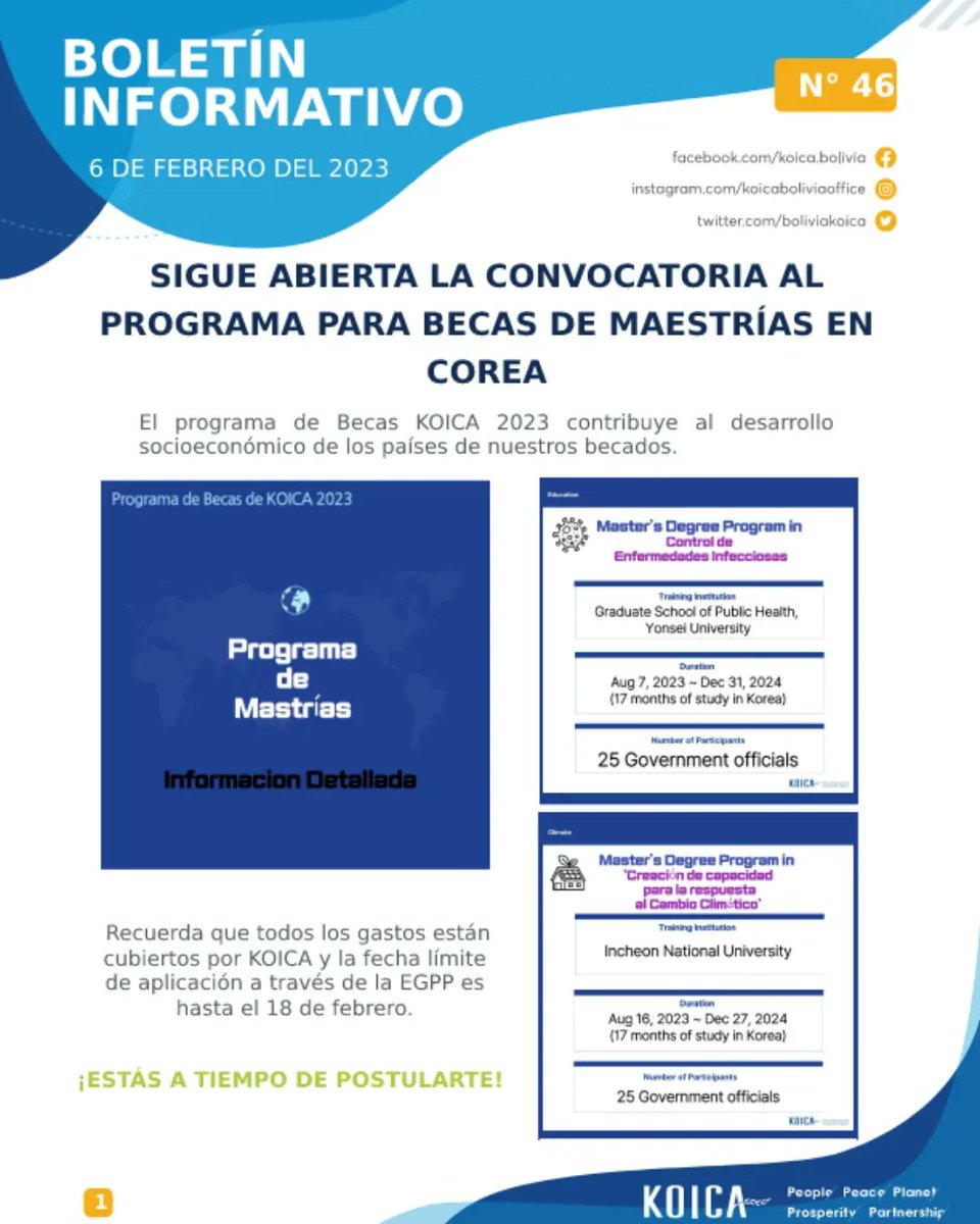 BoliviaKoica's tweet photo. Les presentamos el #BoletinInformativo de la semana ☺️👌
#KOICA #KoicaBolivia #estudiaencorea #WFK https://t.co/fjRCbaSkdC