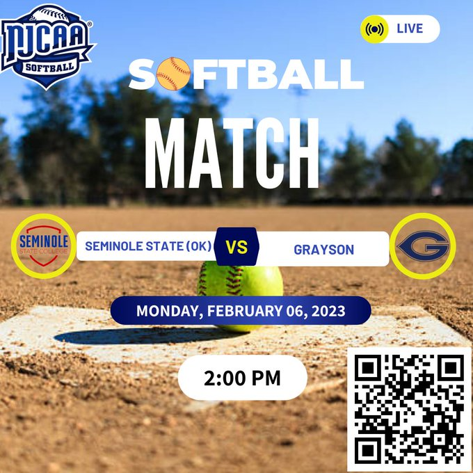 Seminole State (OK) 🆚 Grayson | NJCAA SOFTBALL
⏰ 2:00 PM &amp; 4:00 PM
📆 Monday, February 06, 2023
Live Game: bit.ly/40uGoYh
<a href="/Seminole_State/">SSC of Oklahoma</a>
@SSC_Softball
<a href="/BritneyLewinski/">Britney Lewinski</a>
@marissa42918788
<a href="/kenzkauk/">kenzie kauk</a>
<a href="/kamryngarviie_/">kamryn</a>
<a href="/EubankTess/">Tess Eubank</a>
<a href="/keith30rylee/">Rylee Keith</a>
