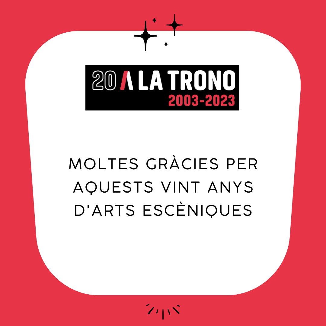 Sala_Trono's tweet photo. És avui! 🎂 Des de la #Trono fa vint anys que celebrem les arts escèniques. Vint anys sent un referent teatral a la província de Tarragona. Vint anys fent que el públic gaudeixi i s'emocioni a les nostres butaques. 

Per molts anys més! #20alaTrono https://t.co/tsFvq50V3C