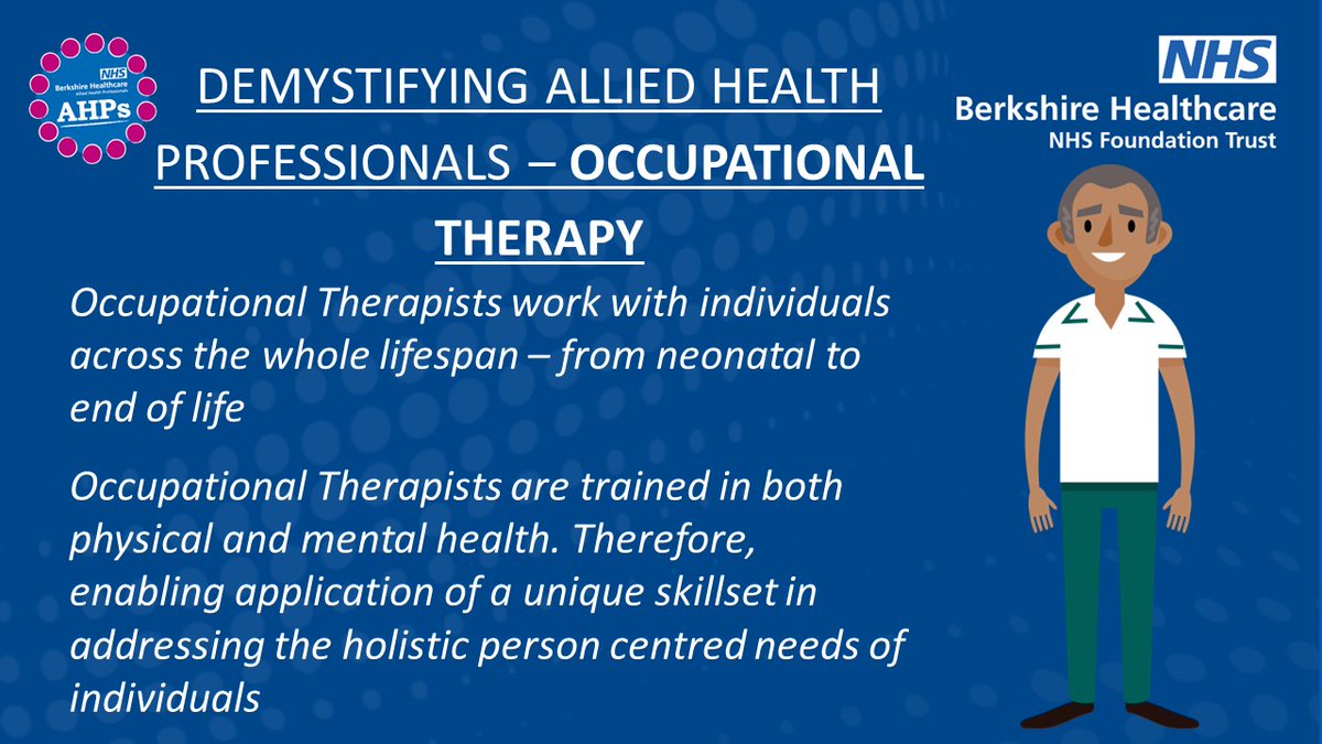 ***Demystifying AHPs - Occupational Therapy***
Day 1 #OccupationalTherapy 
Did you know that OT's are trained in both physical and mental health? Making this profession quite unique in regards to their ability to support the holistic needs of their clients <a href="/BHFT/">Berkshire Healthcare</a>