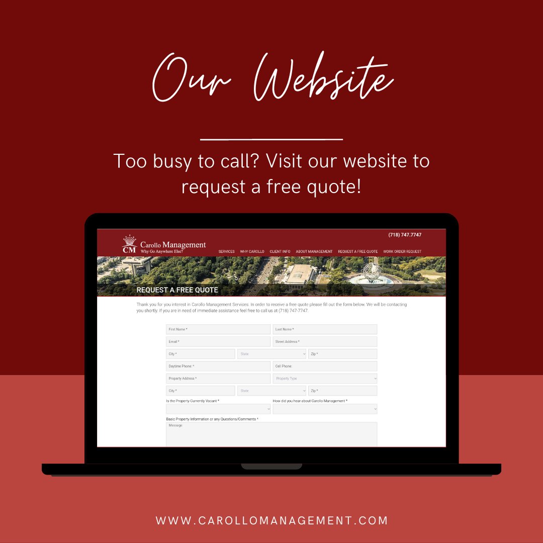 Carollo's tweet photo. Too busy to call? Visit our website to request a free quote! 
-
-
-

#visitourwebsite #requestafreequote #freequote #ourwebsite #toobusy #timemanagement #quick #quickresponse #propertymanagement #propertymanager #propertymanagers #nypropertymanager #nycpropertymanagers https://t.co/xNFSnSj8Ia