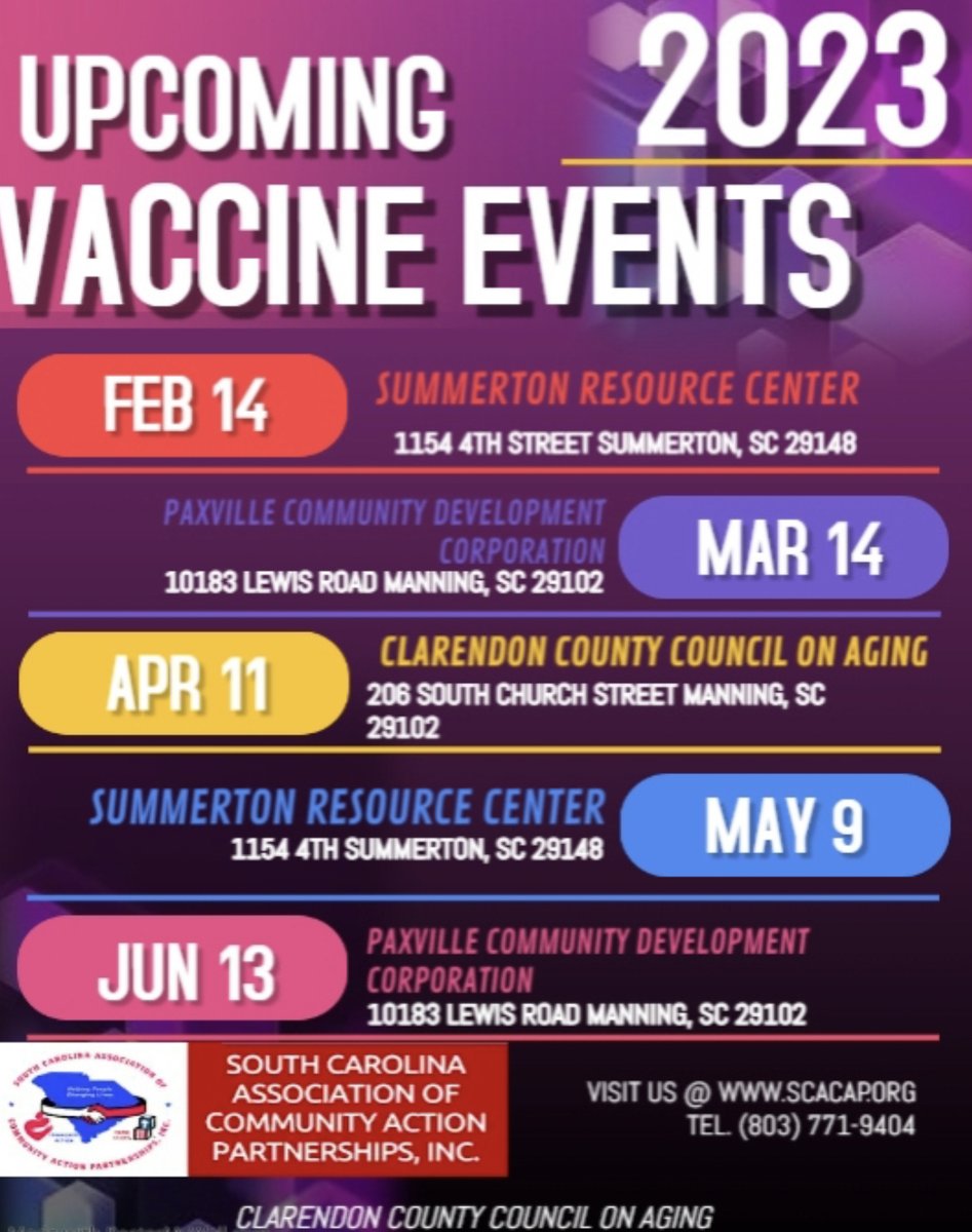 wearescacap's tweet image. 2023 UPCOMING VACCINE EVENTS.
#SCACAP #clarendoncountycouncilonaging
#helpingpeoplechanginglives #covidtesting #COVID19