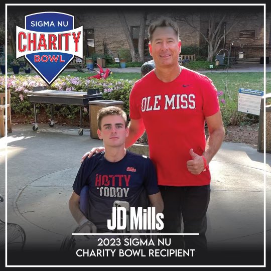 Sigma Nu is excited to announce that JD Mills from Collierville, TN is the 2023 Charity Bowl recipient! In December of 2021, JD was in a automobile accident that left him paralyzed from the chest down. To learn more about JD’s story and Charity Bowl, visit the link in our bio.