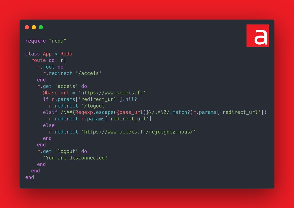 Solution de l'extrait de code vulnérable n°1 🛠️
Voir les 3 solutions dans l'article : acceis.fr/solution-de-le…

Vuln : Open-Redirect ➡
Langage : Ruby 💎

Code corrigé ci-dessous :
#codereview #vulnerablecode #codesnippet #brokencode #appsec #infosec #pentesting #securityexplained