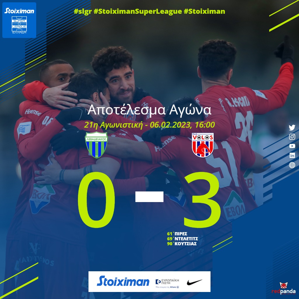 Super_League_GR's tweet photo. Αποτέλεσμα Αγώνα, Λεβαδειακός - Βόλος 0-3
➡️https://t.co/4zkCiufjbg
#slgr #StoiximanSuperLeague #Stoiximan #matchday21 #Football #levvol #Levadeiakos #Volosfc https://t.co/fH8VUEOgZq